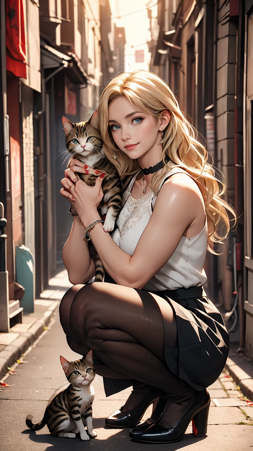 (highest quality, High resolution, masterpiece :1.3), 25-year-old Caucasian female、Platinum Blonde、blue eyes、Semi-long hair、My hair is wavy、smile、Slim figure、I want my head to stay off screen、Wearing red nail polish、I have a peticure、smile、Wearing a sleeveless zipper-up top、Wearing a pleated skirt、I'm wearing high heels、I'm wearing black stockings、Low - Angle、Wearing accessories on wrists and ankles、Wearing a lace choker、Crouching by the wall in the alley、Hugging a kitten、Petting a kitten's head