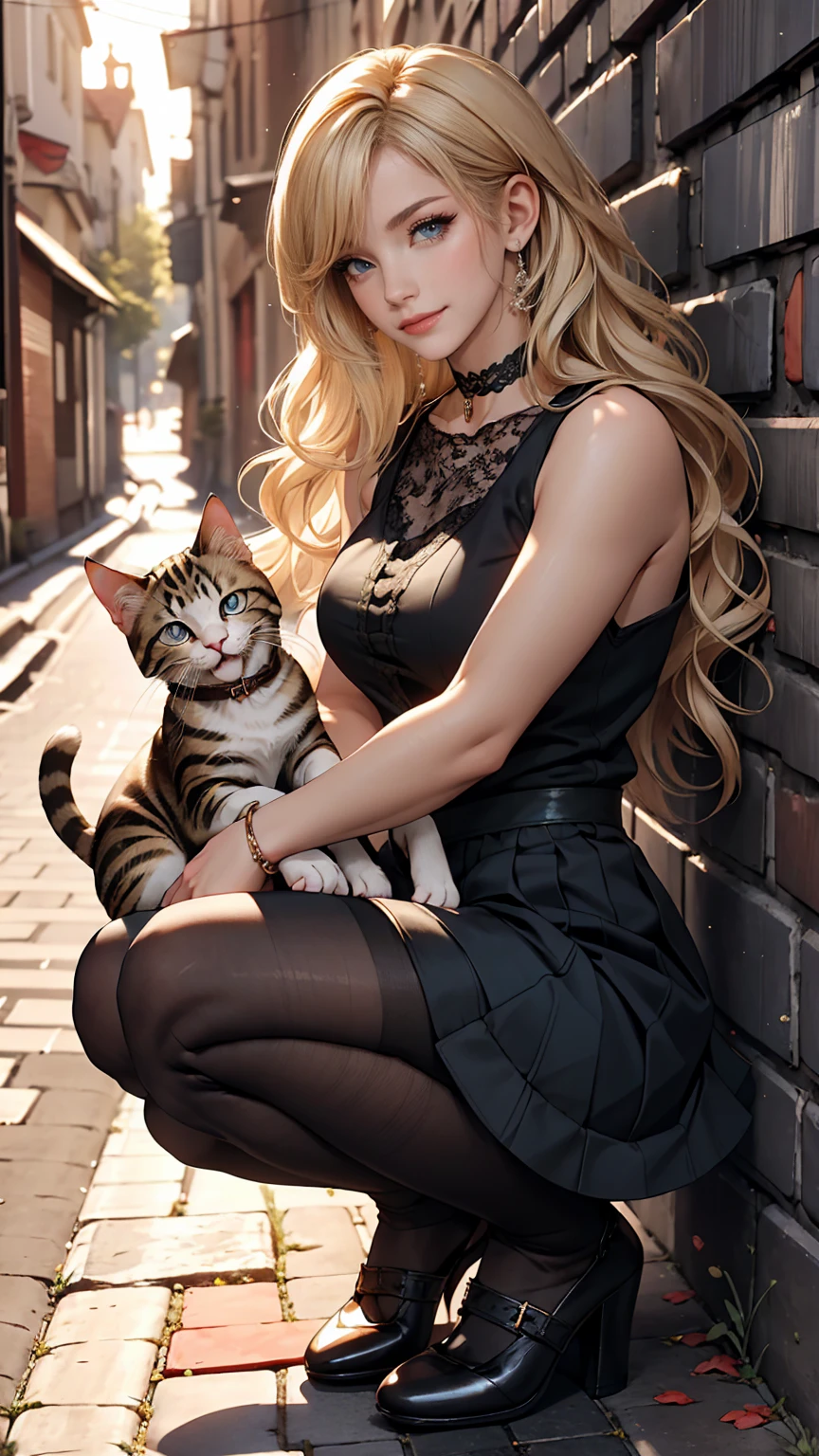 (highest quality, High resolution, masterpiece :1.3), 25-year-old Caucasian female、Platinum Blonde、blue eyes、Semi-long hair、My hair is wavy、smile、Slim figure、I want my head to stay off screen、Wearing red nail polish、I have a peticure、smile、Wearing a sleeveless zipper-up top、Wearing a pleated skirt、I&#39;m wearing high heels、I&#39;m wearing black stockings、Low - Angle、Wearing accessories on wrists and ankles、Wearing a lace choker、Crouching by the wall in the alley、Hugging a kitten、Petting a kitten&#39;s head