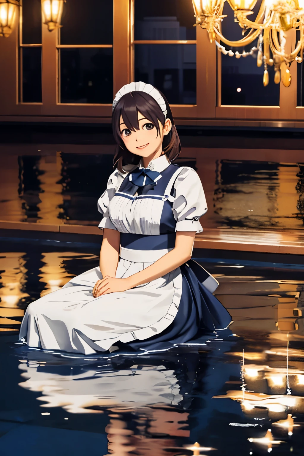1girl,maid,sibuya,night,8k,excellent lighting,smile,siting on floor,water,reflection