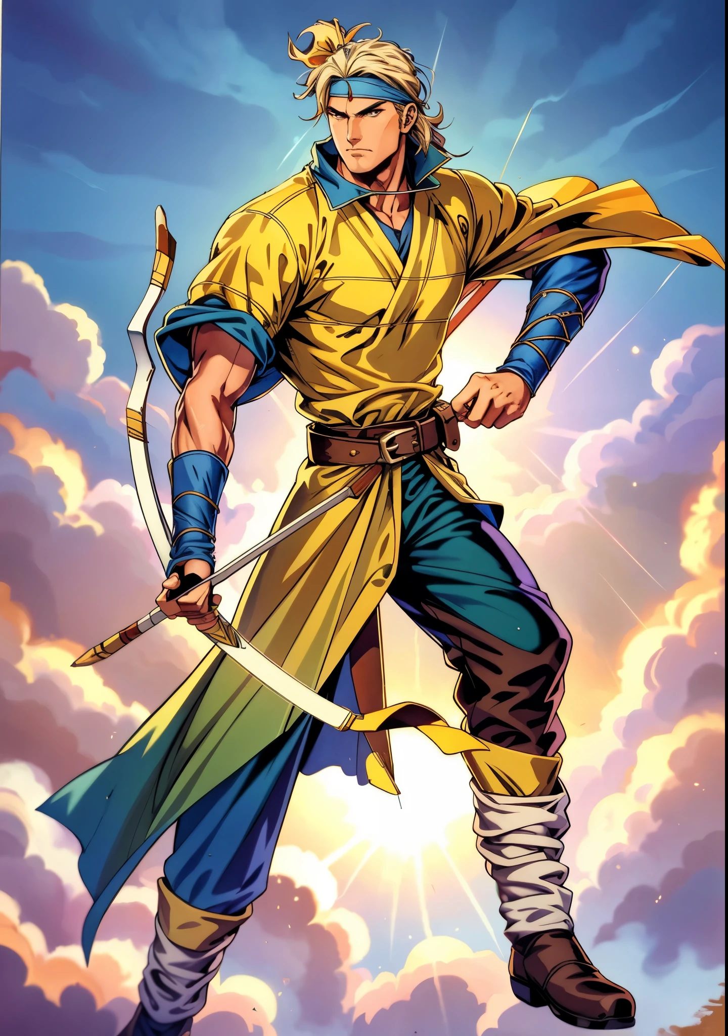 A young man with messy sky-blue short hair, a headband tied around his forehead, handsome face, calm expression, a fantasy-style short-sleeved robe coat with a unique half-side design, a green undershirt underneath, an archer's wrist guard, a cloth belt, coarse cloth trousers, leather boots, standing in a shooting stance, holding a longbow and drawing an arrow, overlooking the city from above, this character embodies a finely crafted fantasy-style archer in anime style, exquisite and mature manga art style, high definition, best quality, highres, ultra-detailed, ultra-fine painting, extremely delicate, professional, perfect body proportions, golden ratio, anatomically correct, symmetrical face, extremely detailed eyes and face, high quality eyes, creativity, RAW photo, UHD, 32k, Natural light, cinematic lighting, masterpiece-anatomy-perfect, masterpiece:1.5