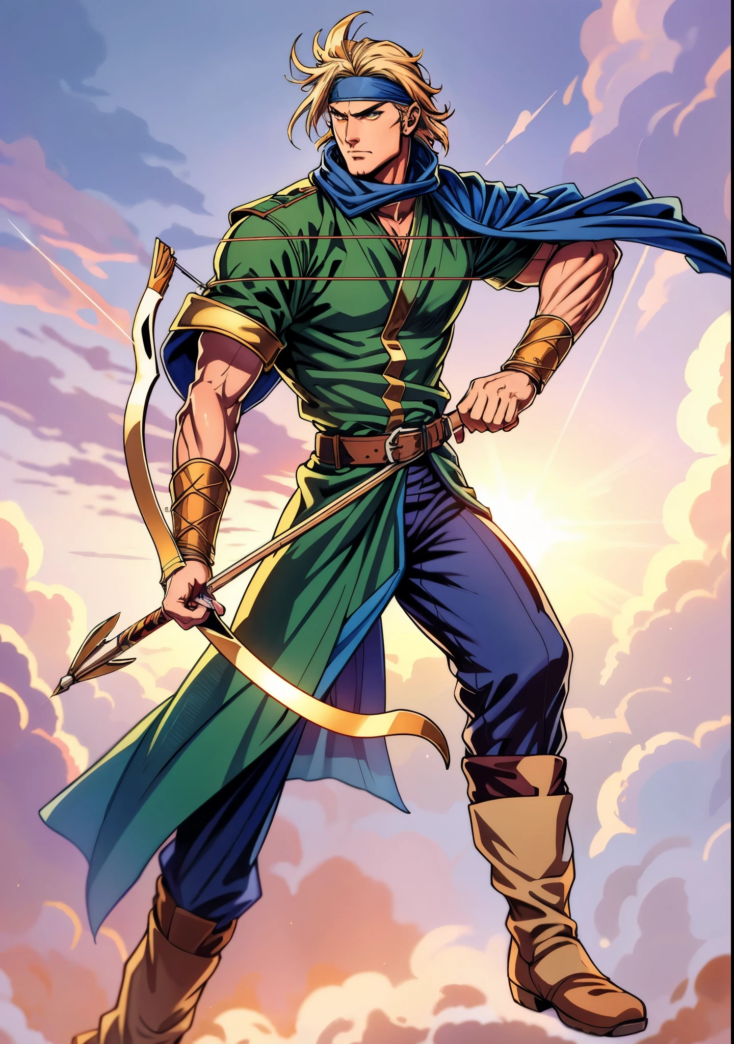 A young man with messy sky-blue short hair, a headband tied around his forehead, handsome face, calm expression, a fantasy-style short-sleeved robe coat with a unique half-side design, a green undershirt underneath, an archer's wrist guard, a cloth belt, coarse cloth trousers, leather boots, standing in a shooting stance, holding a longbow and drawing an arrow, overlooking the city from above, this character embodies a finely crafted fantasy-style archer in anime style, exquisite and mature manga art style, high definition, best quality, highres, ultra-detailed, ultra-fine painting, extremely delicate, professional, perfect body proportions, golden ratio, anatomically correct, symmetrical face, extremely detailed eyes and face, high quality eyes, creativity, RAW photo, UHD, 32k, Natural light, cinematic lighting, masterpiece-anatomy-perfect, masterpiece:1.5