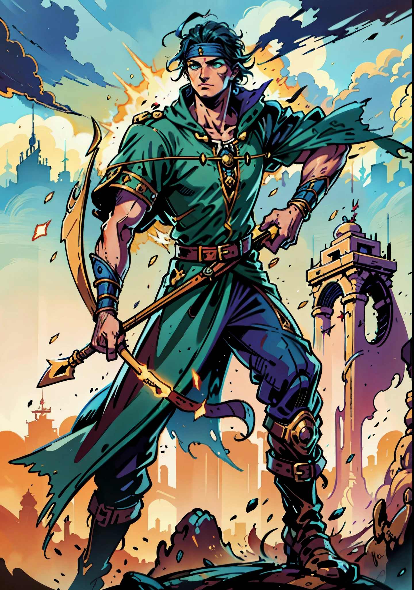A young man with messy sky-blue short hair, a headband tied around his forehead, handsome face, calm expression, a fantasy-style short-sleeved robe coat with a unique half-side design, a green undershirt underneath, an archer's wrist guard, a cloth belt, coarse cloth trousers, leather boots, standing in a shooting stance, holding a longbow and drawing an arrow, overlooking the city from above, this character embodies a finely crafted fantasy-style archer in anime style, exquisite and mature manga art style, high definition, best quality, highres, ultra-detailed, ultra-fine painting, extremely delicate, professional, perfect body proportions, golden ratio, anatomically correct, symmetrical face, extremely detailed eyes and face, high quality eyes, creativity, RAW photo, UHD, 32k, Natural light, cinematic lighting, masterpiece-anatomy-perfect, masterpiece:1.5