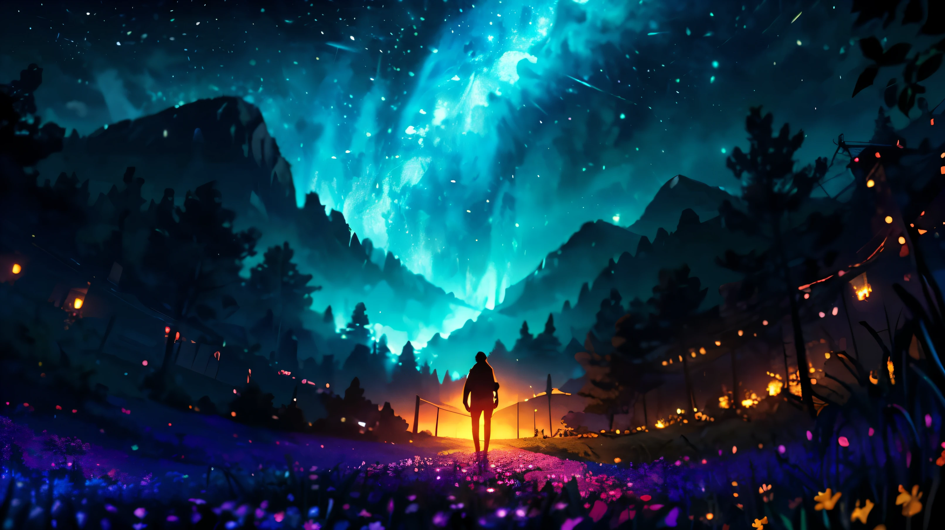 wide landscape photos, (look from down, The sky is above, There is open space below), (a girl standing on flower field looking up), (moon full: 1.2), (meteors: 0.9), (Starcloud: 1.3), Far Mountain , The tree,artisanal art, (warm lights: 1.2), (glowworm: 1.2), lamp lights, lots of purples and oranges, Complicated details, Volumetric lighting BREAK (tmasterpiece: 1.2), (Best quality at best), 4K, ultra - detailed, (dynamic compositions: 1.4), Rich in detail and color, (Irridescent color: 1.2), (Glow, Ambient lighting), dream-like, magical, (Alone: 1.2)