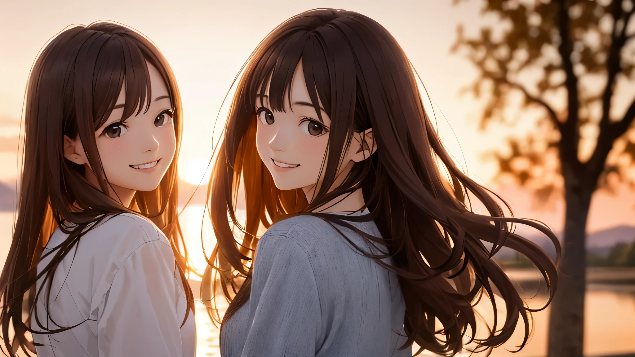 Shiraishi Mai, Looks exactly like Shiraishi Mai, Happy,A kind smile, ,Long Hair, Dark brown hair, Only two girls, 18-year-old, photograph, Realistic, highest quality, Detailed face, evening、 Detailed Background, Diffused sunlight, Depth of written boundary, Bokeh (highest quality: 1.2), (masterpiece: 1.2)、sunset,back view