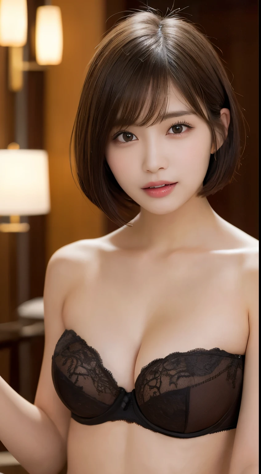 Tabletop, highest quality, figure, (Strapless bra)、(Brown short bob cut:1.3)、Very detailed, In detail, High resolution, 8k wallpaper, Perfect dynamic composition, Beautiful fine details , Hotel(but), Sexy Face,A face of ecstasy,The face at the peak of sexual arousal,Excited face ,KPOP idol faces,Blur the background,Beautifully detailed face