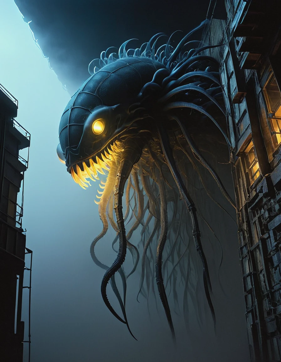 look up, (Giant transparent mutant), This creature has very short legs., Lots of black fog, Thick fog, Night Sky, Biochemical Mutation Nucleus, Teratoma, Bizarre, Bioluminescence Bioluminescence, Kistav Beksinski, Webbed feet and webbed tentacles, twitch, Winding, Erratic, Wrinkled, Microbiology Microbiology, There are several translucent resin wave style wired lighting fixtures, bryce 3d, A mural-like composition, Weathering Materials, gradient glow, reflection, High Detail, Surreal 3D landscape style, Complex mesh, light box, Made of feathers, new york bombing report, Interesting character design, Bokeh, dense teeth,
From below, upside down, Chiaroscuro, Ultra HD, masterpiece, Super Detail, High Details, high quality, The award-winning, best quality, , 16K,