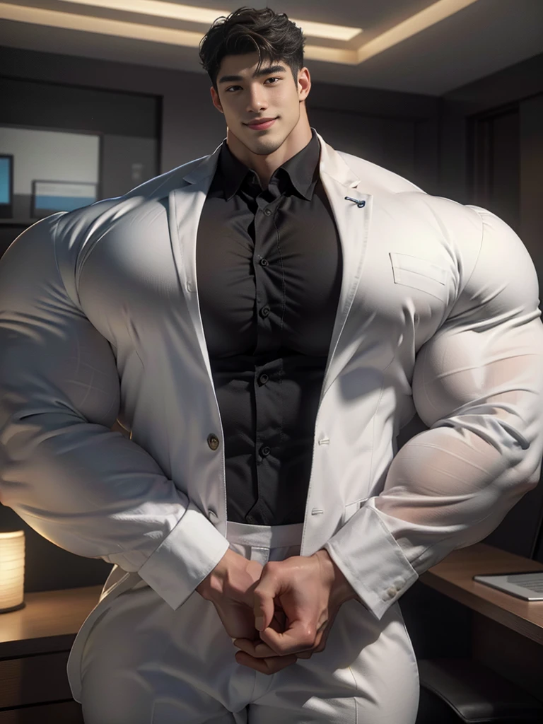(best quality:1.5, hyperrealistic:1.5, photorealistic:1.4, madly detailed CG unity 8k wallpaper:1.5, masterpiece:1.3, enthusiastically detailed photo:1.2), (hyper-realistic lifelike texture:1.4), highly detailed, ((masterpiece, best quality)) ,extremely detailed 8K wallpaper, 1 korean male, (korean man with k-pop idol look), 20yo, handsome, detailed face, heavy muscular, stubble, sexy and masculine, formal suit & pants, photo real, illuminating light, big, brutalmass, giant, muscular bodybuilder, bulk, massive body, large size, smile, office