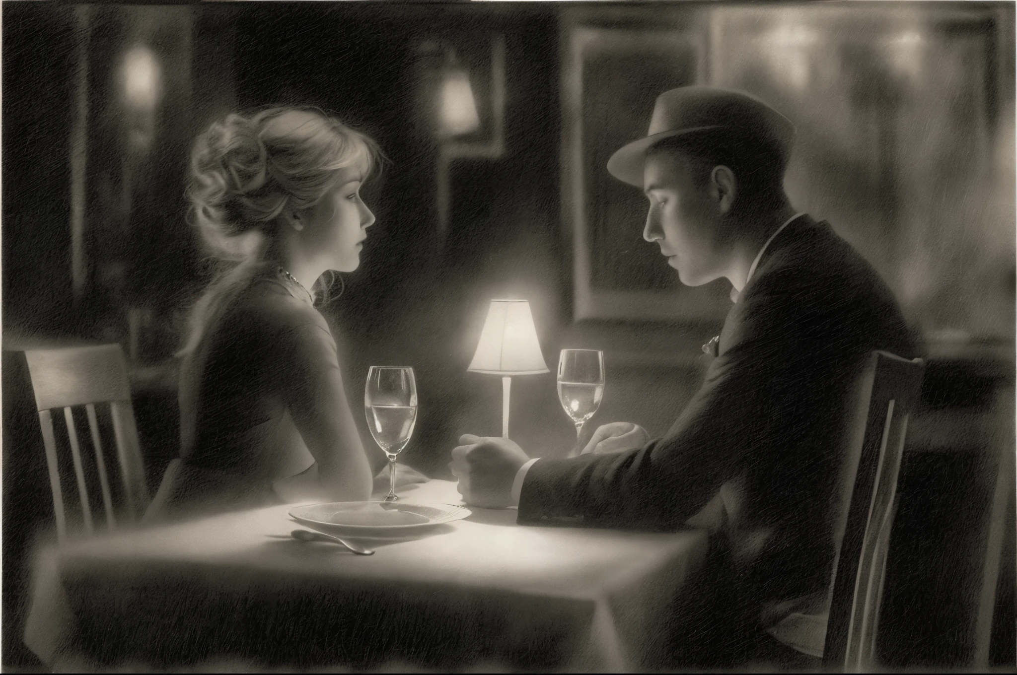 pencil drawing, obviously pencil texture, black and white, cinematic lighting, rough sketch, no detail, black background, Inspired by John Casper Fusili, Inspired by George Grosz, 兩個人dinner場景, Impressionism, author:Tadeusz Kanter, dinner, two people sitting at a table, on the table, romantic mood and tone
