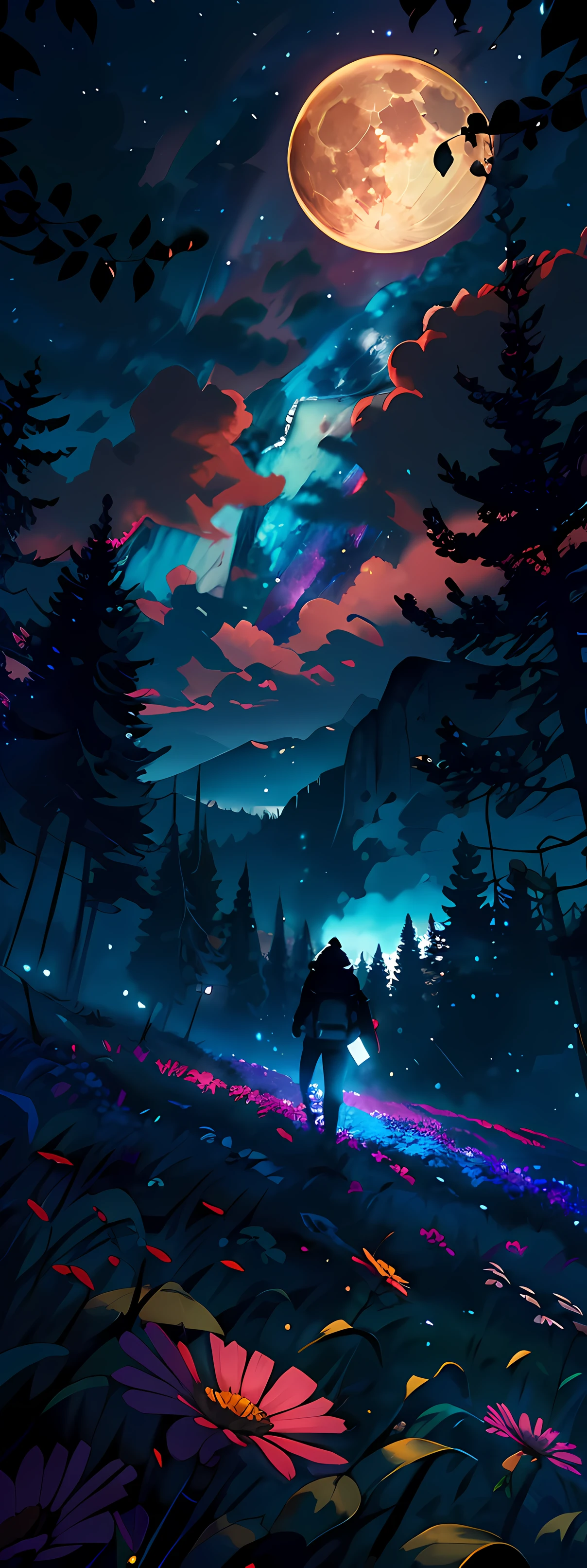 A wide landscape photo, (viewed from below, the sky is above, and the open field is below), a girl standing on a flower field looking up, (full moon: 1.2), (meteor: 0.9), (nebula: 1.3), distant mountains , Trees BREAK Crafting Art, (Warm Light: 1.2), (Firefly: 1.2), Lights, Lots of Purple and Orange, Intricate Details, Volumetric Lighting BREAK (Masterpiece: 1.2), (Best Quality), 4k, Ultra Detailed, (Dynamic Composition: 1.4), Rich in Detail and Color, (Rainbow Color: 1.2), (Glow, Atmospheric Lighting), Dreamy, Magical, (Solo: 1.2)