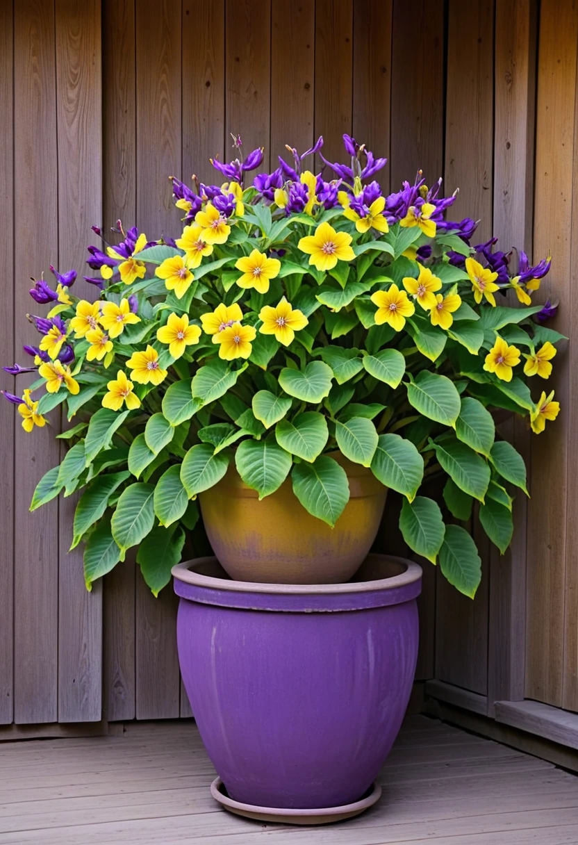 Purple and Yellow flowers in a pot outside a wooden building, Purple and Yellow, Yellow and purple tones, brightly colored flowers, Yellow-purple, More and more flowers, Colorful flowers, Yellow flowers blooming around, Yellow and purple color scheme, some red and Purple and Yellow, Beautiful flowers are blooming, Edible flowers, bursts of color, Spring flower, flowers bloom