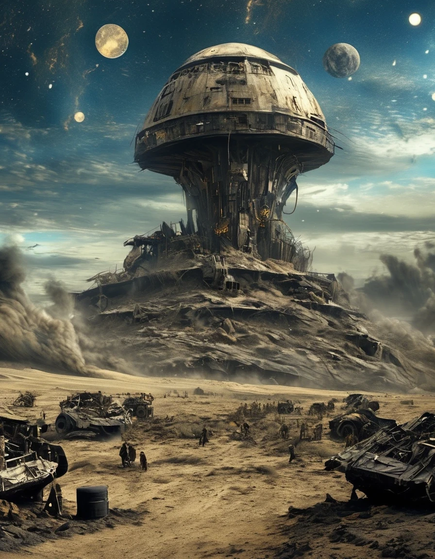 Apocalyptic Wasteland，Science fiction film,full of fantasyfantastical ideas,by van gogh,Big roundspaceship,Doomsday, wasteland style,hd,8