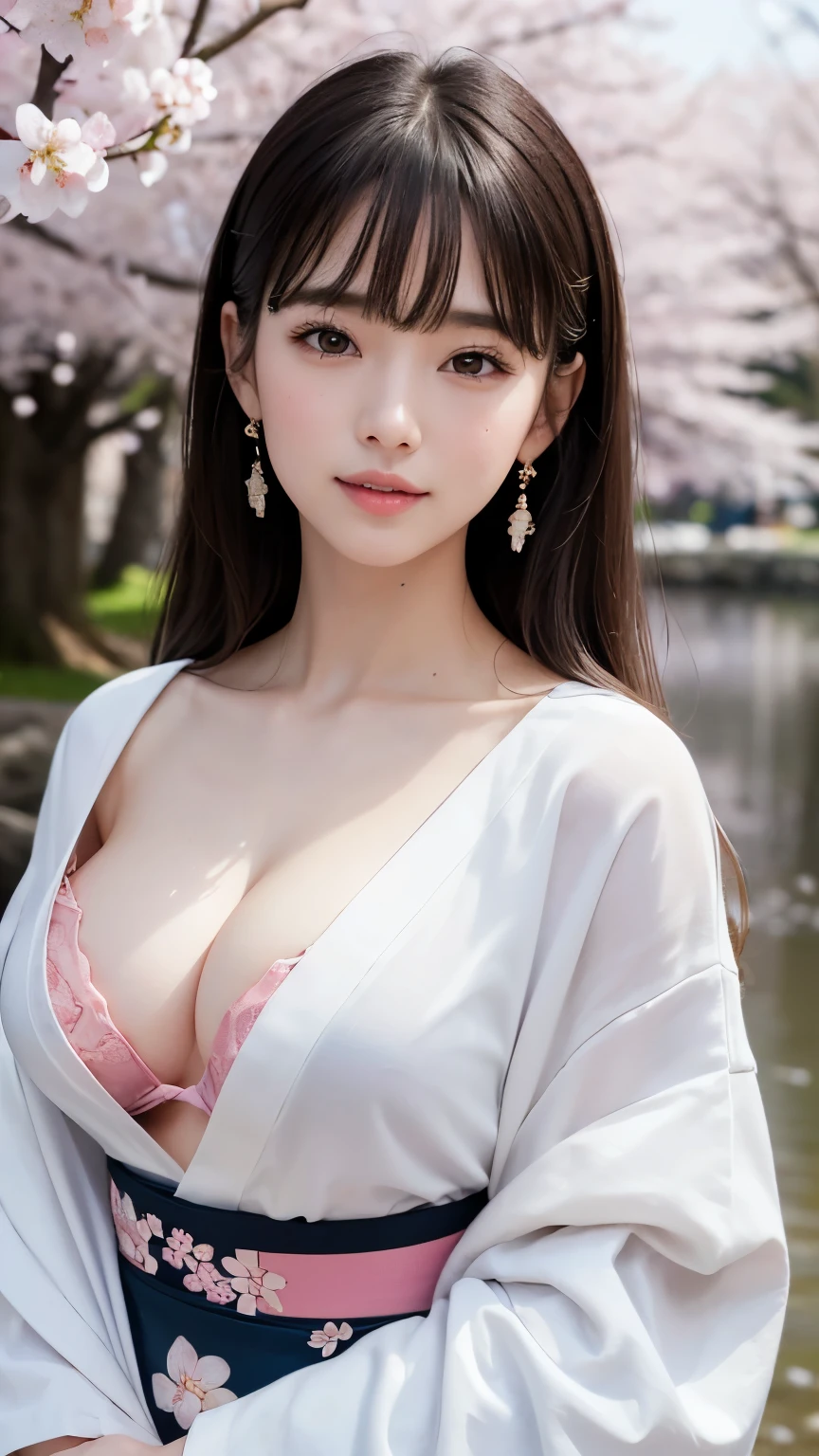 (8k, RAW Photos, highest quality, masterpiece: 1.2), (Very detailed), (Super Resolution), (Genuine, Genuine photos: 1.37)、(Portraiture), (High-quality RAW color photos)、 (Professional photos).( Very detailed and beautiful new),(Very detailed), (8k wallpaper),(Amazing details),(Large file size),(Official Art,),(Very detailed),(8k wallpaper), (Very detailed beautiful girls),(Very detailed facesHighly detailed eyes),(Very fine skin),(Very detailed fingers,),(Very small nose),(Very detailed detailed mouth),(Perfect Anatomy),(Detailed Background),(High Quality Clothing),(20-year-old),(cute girl), (Genuineistic body),(White skin),(Glowing Skin), (Blunt bangs: 1.2), (smile),(cute),(cute face),(Genuineistic face), (delicateな目),(Sagging eyes), (A short kimono made of sturdy fabric)、Earrings、Looking at the camera, Dynamic Lighting, G-cup breasts,Big Breasts、(Background of cherry blossom trees on the riverbed)、(Dynamic Sexy Pose 1.2)、(thin legs 1.2)、(delicate, Plump and moisturized lips)、(Cherry Blossoms at Night)、(Illuminated)