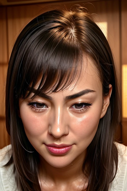 Beautiful Japanese,1 girl(masterpiece:1.2, highest quality), (Realistic, photoRealistic:1.4),, Keep your eyes clearly focused, Nose and mouth,Face Focus, Extreme close up of face、 Age 35,Black Hair、Symmetrical face,Realistic nostrils、Angle from below、Elongated C-shaped nostrils(Sharp Nose)Sweaty skin、Shiny skin,((Brow wrinkles)))(On the tongue)、Deep Kiss、((Thin eyebrows))Oily skin、glistening shining skin、double eyelid、Beautiful woman、Medium Hair,Rolling your eyes,、Shortcuts((half-closed eyes, frown, grimace, scowl))((oily skin,sweat))((Shiny skin)((Sweaty skin))(((licking lips)))