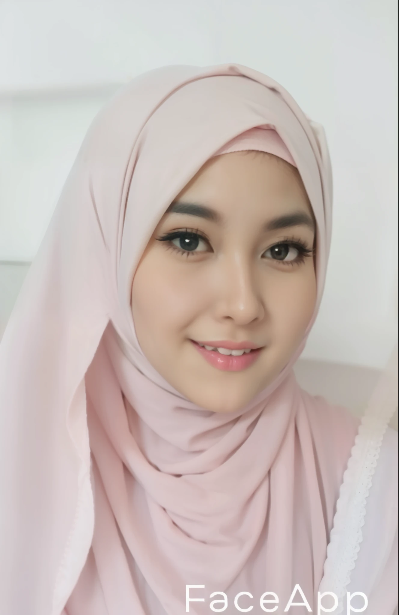 a close up of a girl wearing a pink hijab, little smile, beautiful face, pink lips,