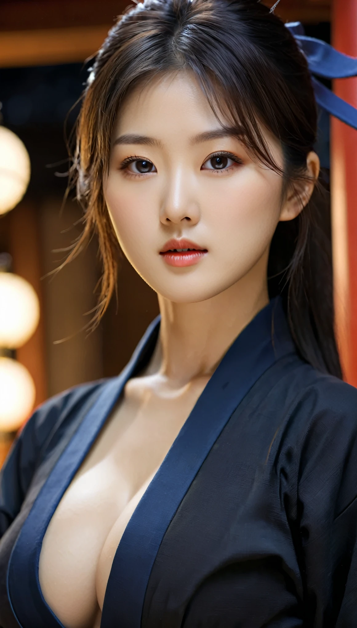 close-up of beautiful korean female, 34 inch breasts size, wearing ninja costume, in Japanese temple, night, bokeh background, UHD