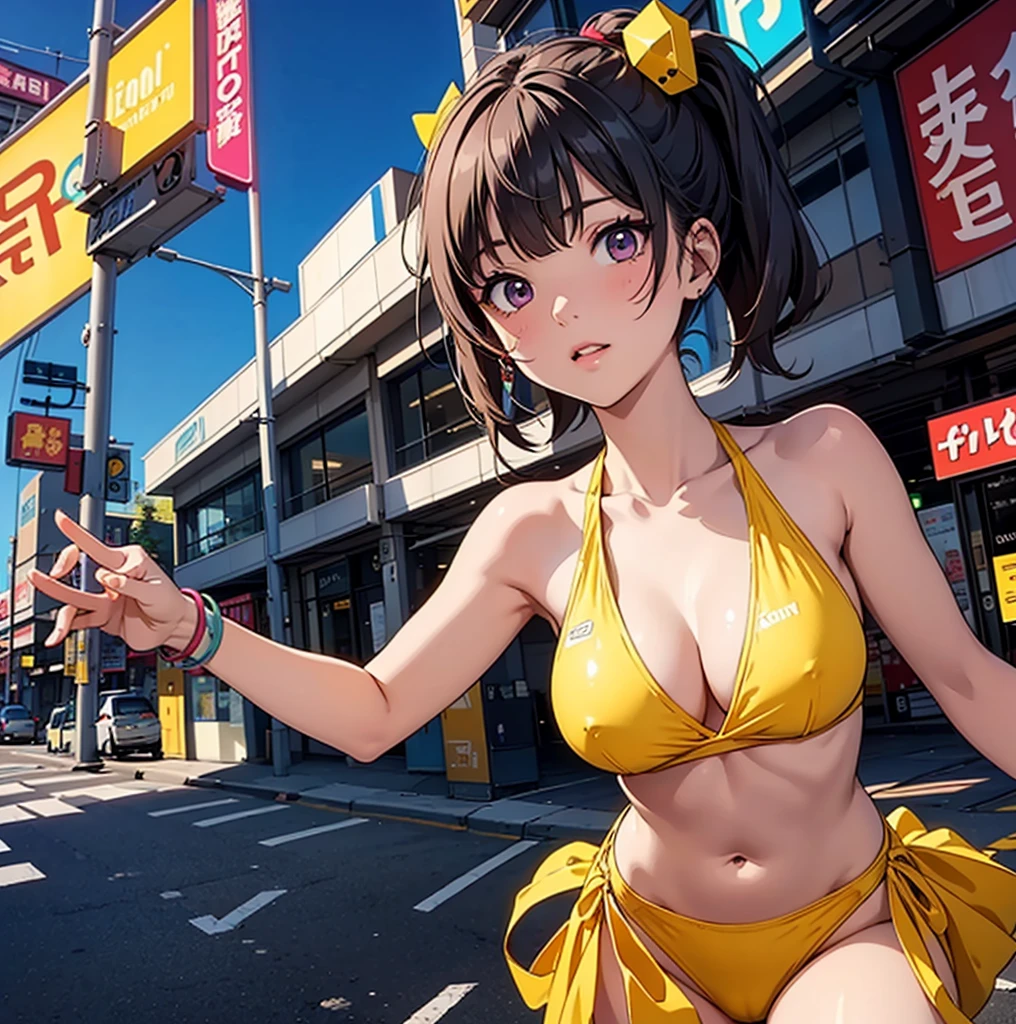 drawing of a woman in a yellow bikini next to a traffic light, some red and purple and yellow, some red and yellow, inspired by Tadanori Yokoo, digital art. colorful comic, [ digital art ]!!, [ conceptual art ]!!, colored sketch anime manga panel, biomechanical oppai, comic digital art, digital art!!, lowres