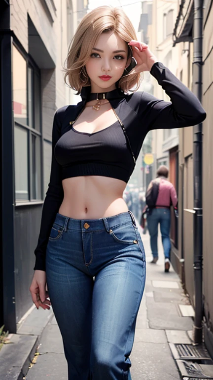 (mejor calidad, 8k, high resolution, fotorrealista:2.0), (solo, Una chica:2.0),(Encendiendo:frente),(Encendiendo: fuerte),(Chicas americanas europeas:2.0),(mujeres de edad adulta:1.9),(la chica es muy musculosa:1.5),(Piel brillante:1.5),(piel grasosa:1.5),(color de cabello rubio platino:1.5),(mujer de cuerpo esbelto),(pecho plano:1.5),(((small breasts:1.3))),(the location is a cyberpunk street),(Ultimate Beautiful Girl),(mujer muy elegante y sofisticada),(ropa de estilo de moda de chica puta),(((super low rise pants:1.5))),((chaqueta de cuero vintage con cremallera completamente abierta)),(El ombligo es visible),(abdomen is visible),(la cintura es visible),((jeans desgastados de talle bajo:1.5))),(jeans desabrochados),(((pantalones abrazando la cadera:1.5))),(pantalones de cintura baja),Blush Brown Makeup , maquillaje de ojos oscuros ,pink lipstick,(chica de ojos grandes:1.3),(Incredible Sex Appeal:1.5),(desabrochar los pantalones:1.6),(Abre la cremallera inferior:1.5),(collar de oro caro),(drop your pants a little)