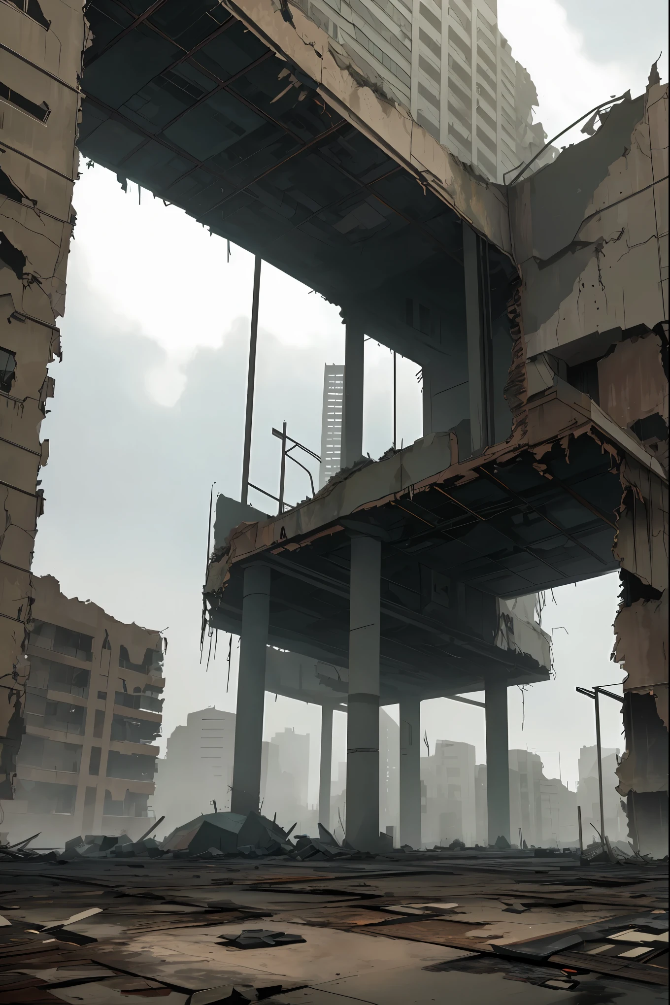 A post-apocalyptic scene, desolate cityscape, crumbling ruins, dilapidated buildings, abandoned streets, decaying vehicles, overcast sky, dim lighting, cracked earth, vegetation on ruins, remnants of life, muted colors, desolate atmosphere, HDR,UHD,ultra-detailed,realistic,studio lighting,sharp focus,vivid colors,physically-based rendering,horror