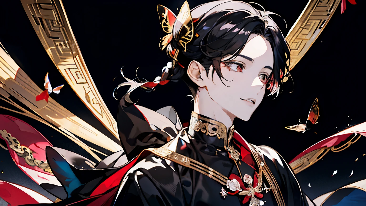 A boy about ,(Red, white and black costume reminiscent of ancient Chinese priests),((A golden butterfly that shines like crystal々)),Long black hair,Hair tied to one side,smile,A fantastic atmosphere,(Starlight Background),