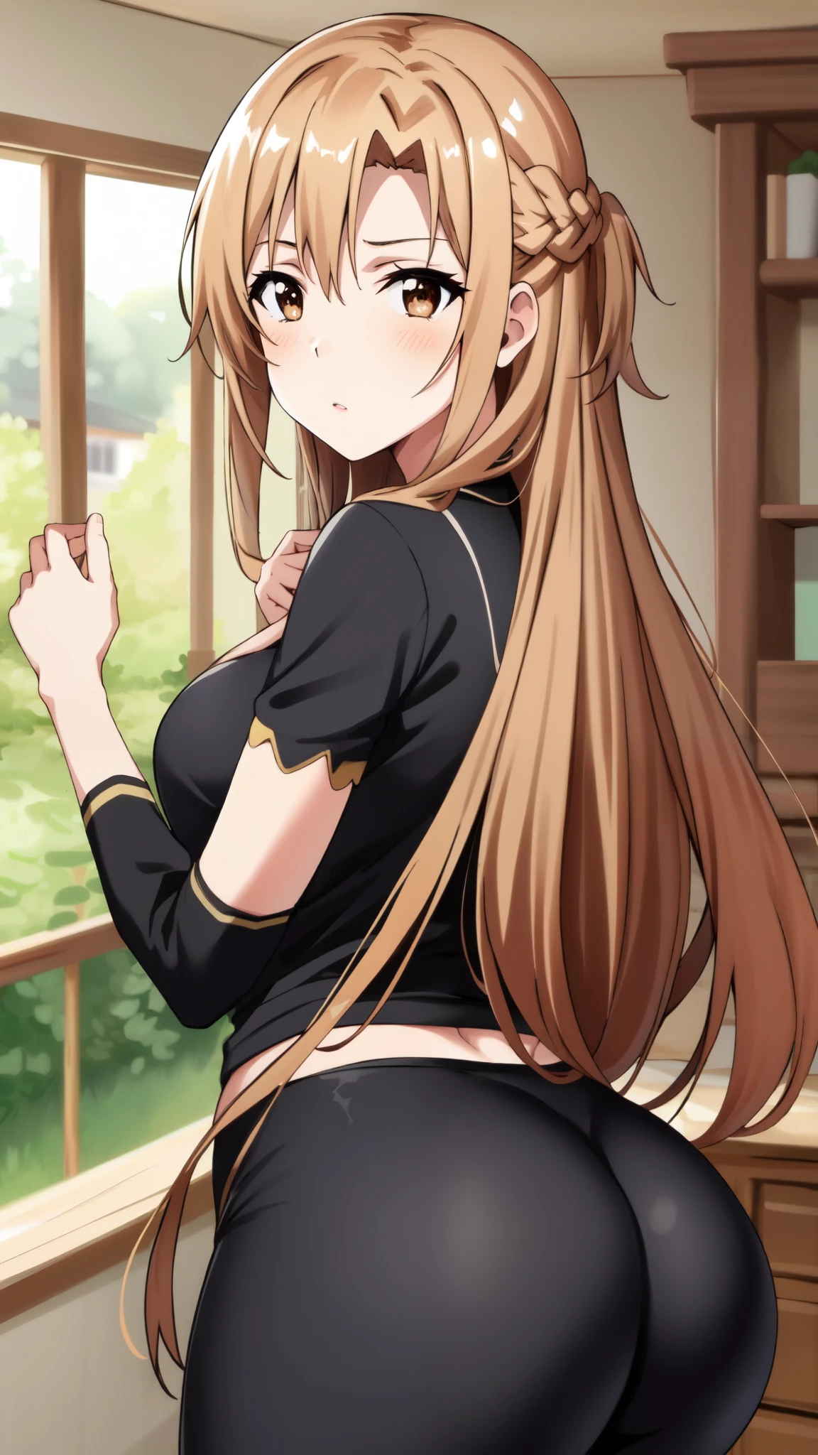 black yoga pants legging closeup ,Yuuki Asuna, Brown hair, Brown eyes, medium breasts, Long hair, braid big ass hand on ass, well drawn hands 