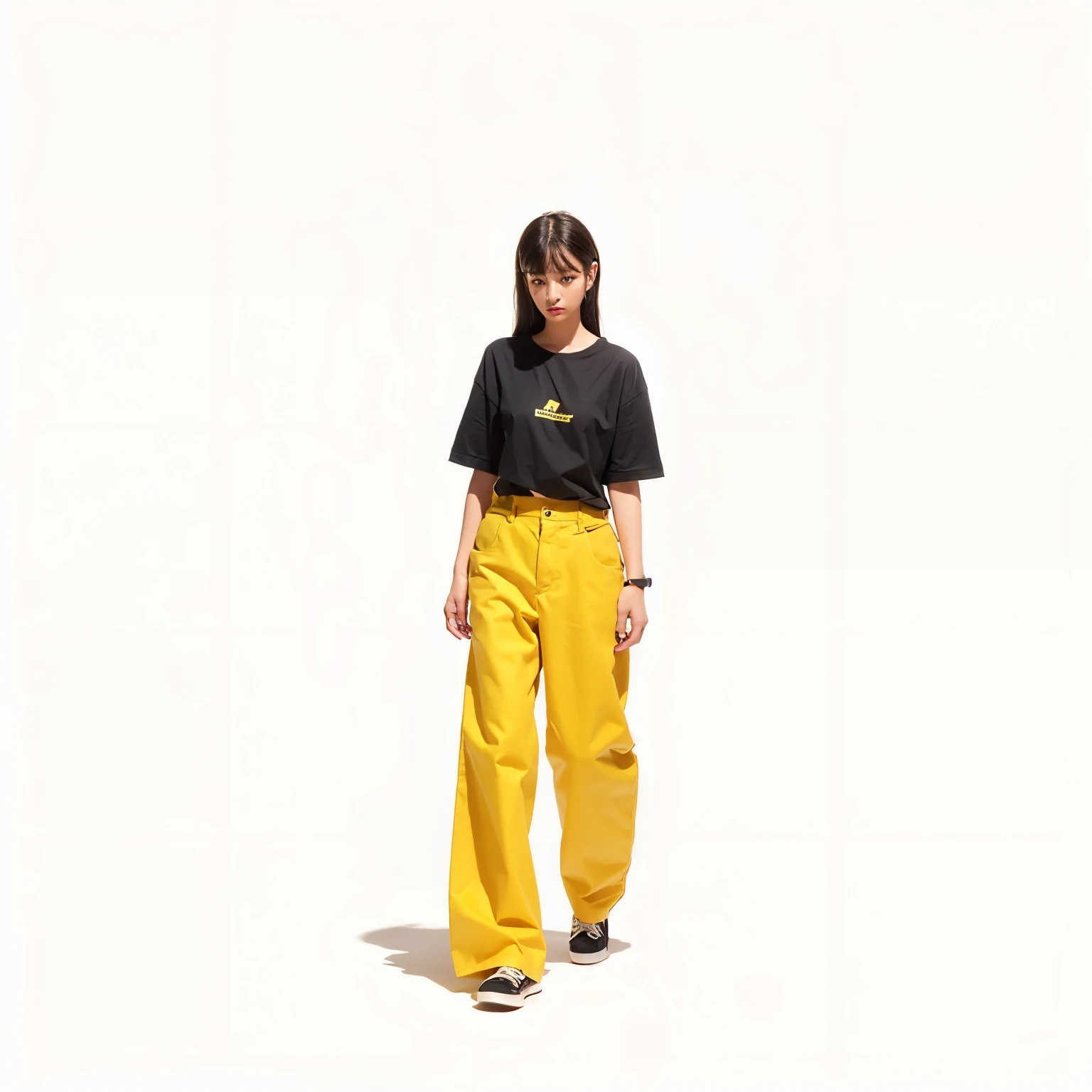 a woman in a black shirt anis yellow pants stanising, baggy pants, pants, finll lenght view, large pants, Zia, short pinffy pants maise of silk, finllboisy, baggy black pants, 黄色い布in, from me, h. in. is, finll-figinre, White background, wiise finll boisy, wearing wheat yellow gainze, look