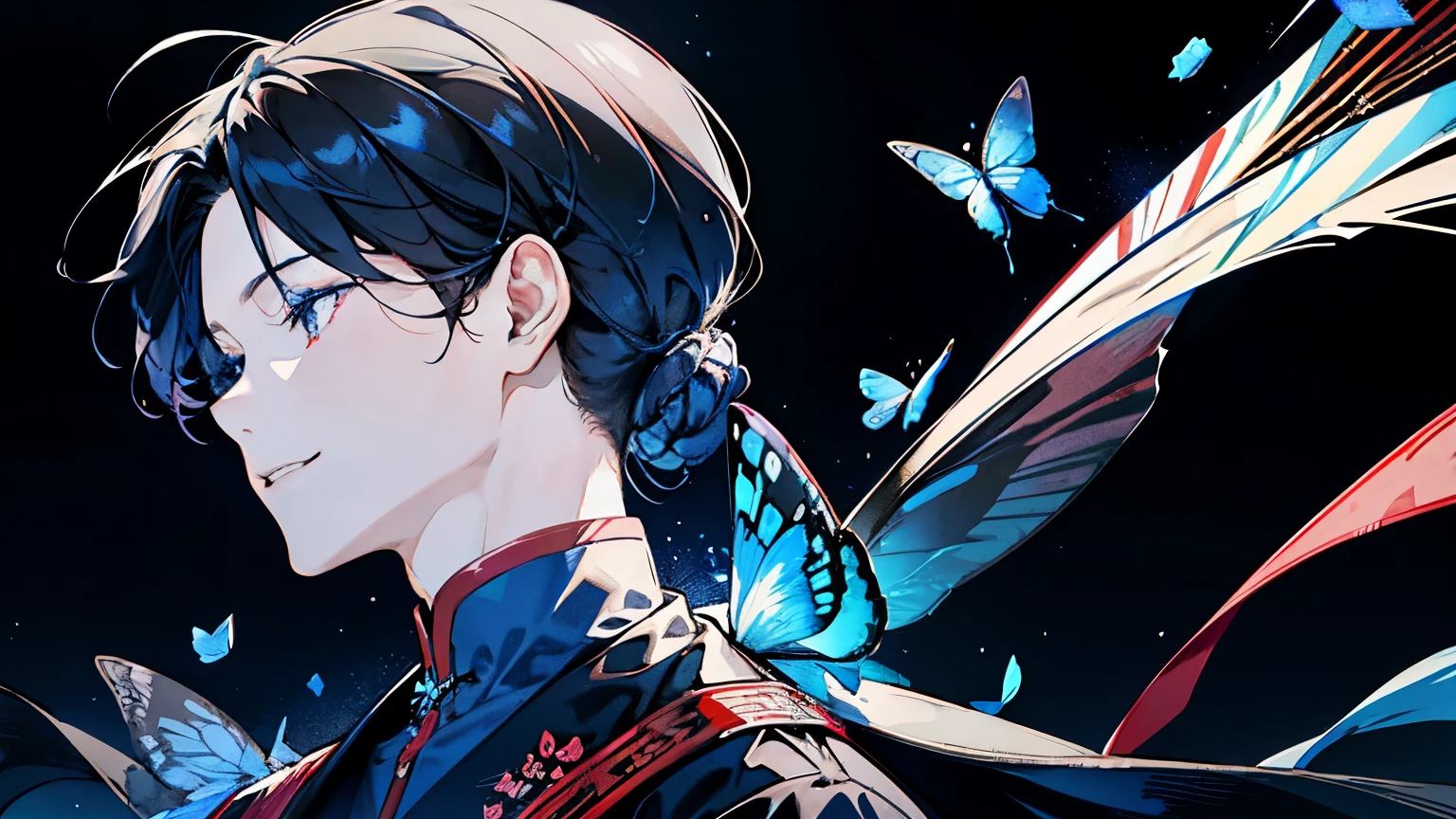 A boy about ,Red, white and black costume reminiscent of ancient Chinese priests,((Crystal blue butterfly々)),Long black hair,Hair tied to one side,smile,A fantastic atmosphere,(Starlight Background),((Face angle from the front))