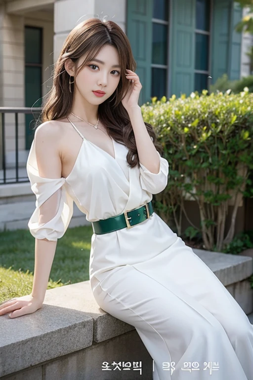 Woman wearing white dress and green belt, Giovanni Boldini(Giovanni Boldini), Korean beauty in evening gown, official artwork, still promotion, official art, Photo shoot, promotional photo, Aya Takano Color Style, Chiho, Promotional art, promo shot, colorful photos, still promotion, Promotional images, Photo shoot, best artist, Portrait of Korean people in their 20s, random pose,