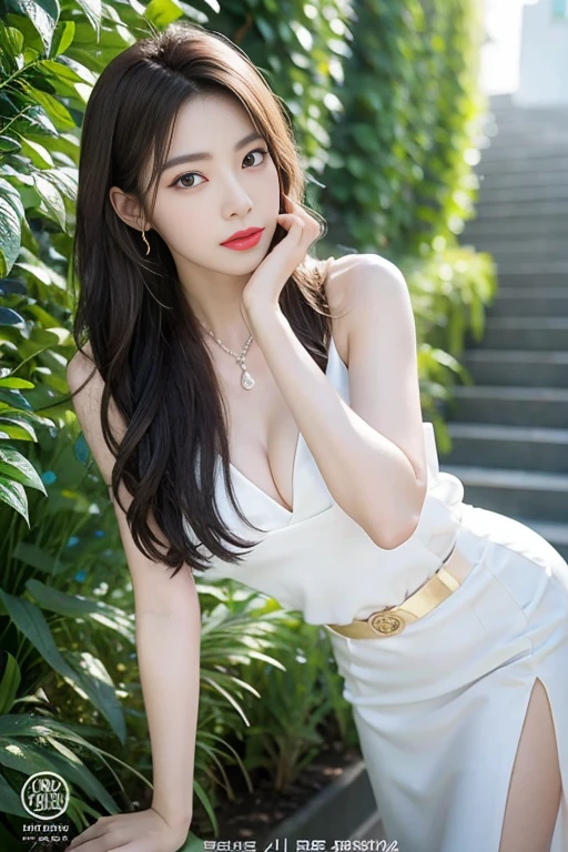 Woman wearing white dress and green belt, Giovanni Boldini(Giovanni Boldini), Korean beauty in evening gown, official artwork, still promotion, official art, Photo shoot, promotional photo, Aya Takano Color Style, Chiho, Promotional art, promo shot, colorful photos, still promotion, Promotional images, Photo shoot, best artist, Portrait of Korean people in their 20s, random pose,