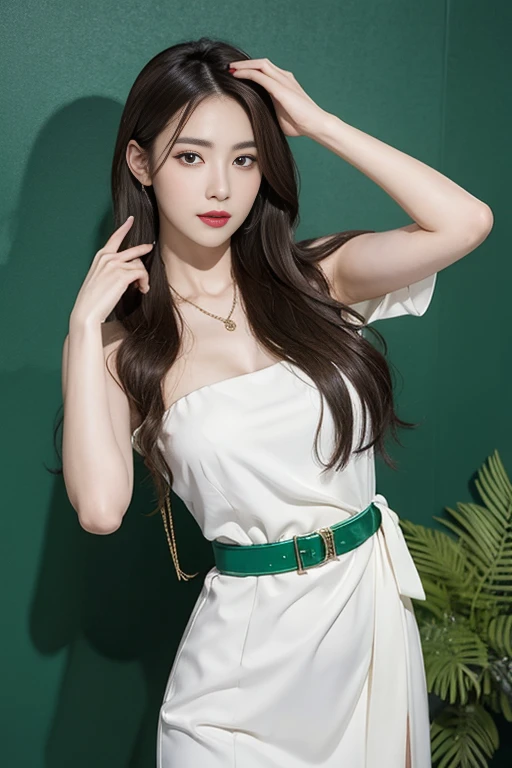 Woman wearing white dress and green belt, Giovanni Boldini(Giovanni Boldini), Korean beauty in evening gown, official artwork, still promotion, official art, Photo shoot, promotional photo, Aya Takano Color Style, Chiho, Promotional art, promo shot, colorful photos, still promotion, Promotional images, Photo shoot, best artist, Portrait of Korean people in their 20s, random pose,