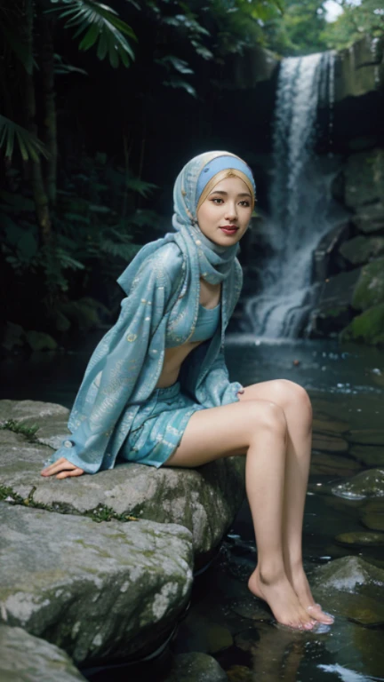 top Quority，Ultra-clear resolution,  ((Korean artist. With long pashmina  hijab)).  Highly detailed face and skin texture,  Fine eyes,  Double eyelids,  Make-up face. (((hijabi))).   innocent face,  body slim thin captivating

(( Batik short skirt)).   ((Unbuttoned batik kebaya)). ((No bra, Nude Breast).   long legs_full body.    Correct accuracy face. Correct accuracy eyes. Correct accuracy nose.  Correct accuracy lips.  Lustfull smile, seducting look, Sit down  Sit down.   Sit down.     shot from the back angle.      under the waterfall.    waterfall