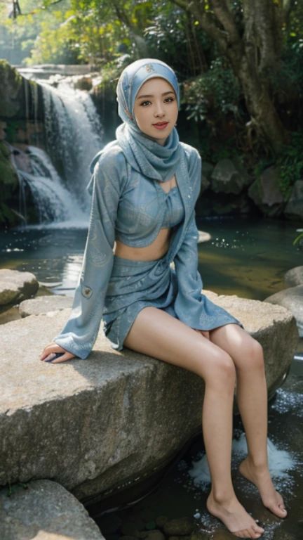 top Quority,Ultra-clear resolution, ((Korean artist. With long pashmina hijab)). Highly detailed face and skin texture, Fine eyes, Double eyelids, Make-up face. (((hijabi))). innocent face, body slim thin captivating
(( Batik short skirt)). ((Unbuttoned batik kebaya)). ((No bra, Nude Breast). long legs_full body. Correct accuracy face. Correct accuracy eyes. Correct accuracy nose. Correct accuracy lips. Lustfull smile, seducting look, Sit down Sit down. Sit down. shot from the back angle. under the waterfall. waterfall