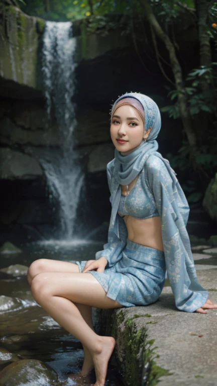 top Quority，Ultra-clear resolution,  ((Korean artist. With long pashmina  hijab)).  Highly detailed face and skin texture,  Fine eyes,  Double eyelids,  Make-up face. (((hijabi))).   innocent face,  body slim thin captivating

(( Batik short skirt)).   ((Unbuttoned batik kebaya)). ((No bra, Nude Breast).   long legs_full body.    Correct accuracy face. Correct accuracy eyes. Correct accuracy nose.  Correct accuracy lips.  Lustfull smile, seducting look, Sit down  Sit down.   Sit down.     shot from the back angle.      under the waterfall.    waterfall