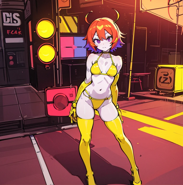 drawing of a woman in a yellow bikini next to a traffic light, some red and purple and yellow, some red and yellow, inspired by Tadanori Yokoo, digital art. colorful comic, [ digital art ]!!, [ conceptual art ]!!, colored sketch anime manga panel, biomechanical oppai, comic digital art, digital art!!, lowres