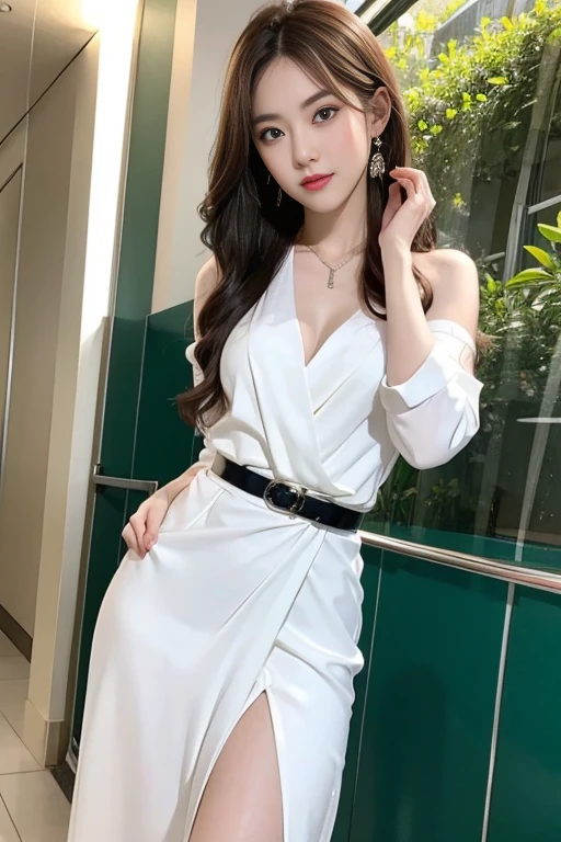 Woman wearing white dress and green belt, Giovanni Boldini(Giovanni Boldini), Korean beauty in evening gown, official artwork, still promotion, official art, Photo shoot, promotional photo, Aya Takano Color Style, Chiho, Promotional art, promo shot, colorful photos, still promotion, Promotional images, Photo shoot, best artist, Portrait of Korean people in their 20s, random pose,