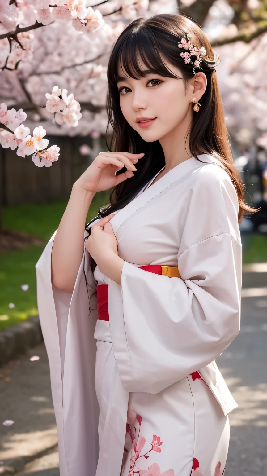 (8k, RAW Photos, highest quality, masterpiece: 1.2), (Very detailed), (Super Resolution), (Genuine, Genuine photos: 1.37)、(Portraiture), (High-quality RAW color photos)、 (Professional photos).( Very detailed and beautiful new),(Very detailed), (8k wallpaper),(Amazing details),(Large file size),(Official Art,),(Very detailed),(8k wallpaper), (Very detailed beautiful girls),(Very detailed facesHighly detailed eyes),(Very fine skin),(Very detailed fingers,),(Very small nose),(Very detailed detailed mouth),(Perfect Anatomy),(Detailed Background),(High Quality Clothing),(20-year-old),(cute girl), (Genuineistic body),(White skin),(Glowing Skin), (Blunt bangs: 1.2), (smile),(cute),(cute face),(Genuineistic face), (delicateな目),(Sagging eyes), (solid kimono)、Earrings、Looking at the camera, Dynamic Lighting, G-cup breasts,Big Breasts、(Background of cherry blossom trees on the riverbed)、(Dynamic Sexy Pose 1.2)、(thin legs 1.2)、(delicate, Plump and moisturized lips)、(Cherry blossoms at night 1.2)、(Cherry blossoms are lit up 1.2)