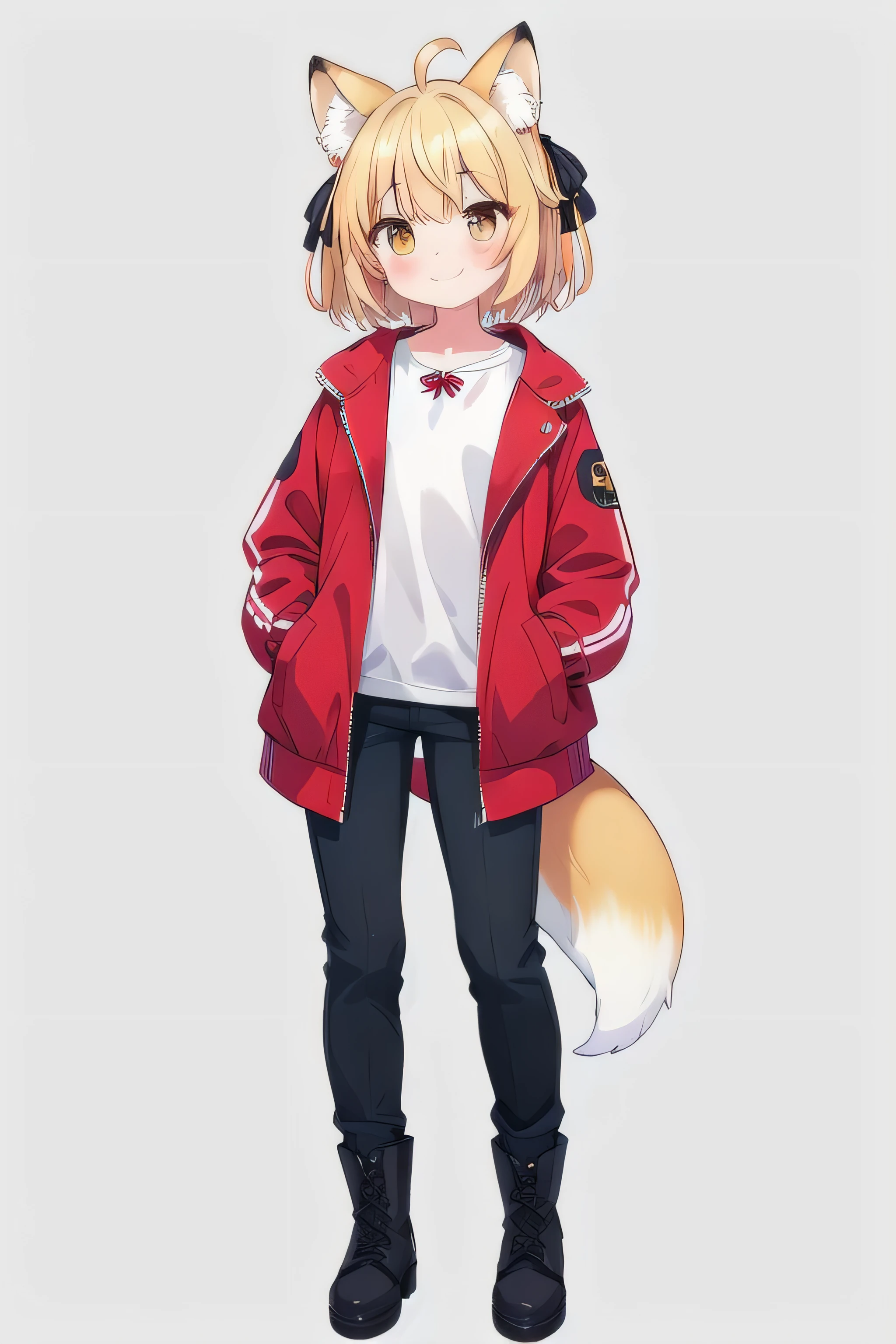 masterpiece, top quality, super detailed, CG illustration, high resolution, better lighting, best shadows, very delicate and beautiful, proper shading, hd, 8k,1girl, solo, looking at viewer, blush, smile, bangs, blonde hair, simple background, shirt, long sleeves, ribbon, animal ears, brown eyes, closed mouth, standing, jacket, full body, hair ribbon, yellow eyes, white shirt, ahoge, boots, open clothes, pants, medium hair, grey background, black footwear, open jacket, animal ear fluff, fox ears, black ribbon, red jacket, hands in pockets, red pants