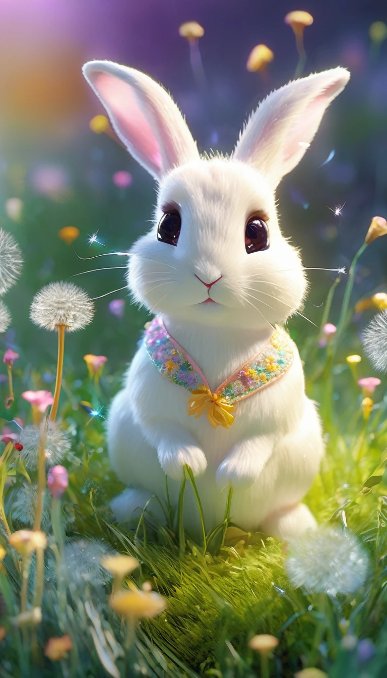 (best quality,4K,8k,high resolution,masterpiece:1.2),Super detailed,(Practical,photoPractical,photo-Practical:1.37),Crystal Rabbit,Detailed eyes and face,blown glass dandelion,Colorful spring morning [illustration, Bright colors],Bright Sunshine,lush green grass,Delicate petals,sparkling的露珠,Playful and whimsical vibes,sparkling的玻璃反射,Clear details,fascinating、Immersive scenes,meticulous attention to texture,Beautifully crafted rabbit sculptures,Subtle pastel shades,Carefully crafted dandelion seeds,Frosted glass elements,Warm and welcoming atmosphere,Fun and lively atmosphere,As if brought to life by magic,Dreamy and charming environment,sparkling、Vibrant colors,evoke a feeling of joy and wonder,Lovely and delightful artwork