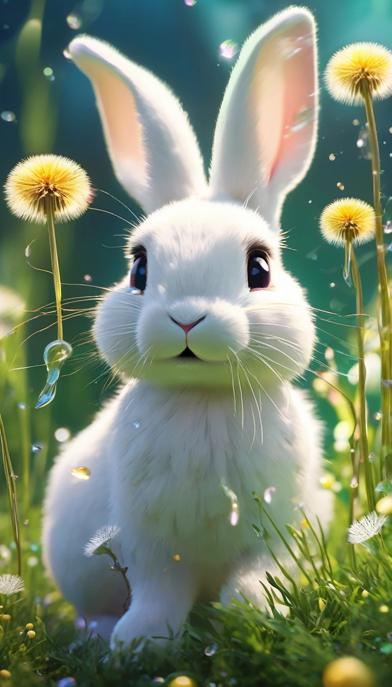 (best quality,4K,8k,high resolution,masterpiece:1.2),Super detailed,(Practical,photoPractical,photo-Practical:1.37),Crystal Rabbit,Detailed eyes and face,blown glass dandelion,Colorful spring morning [illustration, Bright colors],Bright Sunshine,lush green grass,Delicate petals,sparkling的露珠,Playful and whimsical vibes,sparkling的玻璃反射,Clear details,fascinating、Immersive scenes,meticulous attention to texture,Beautifully crafted rabbit sculptures,Subtle pastel shades,Carefully crafted dandelion seeds,Frosted glass elements,Warm and welcoming atmosphere,Fun and lively atmosphere,As if brought to life by magic,Dreamy and charming environment,sparkling、Vibrant colors,evoke a feeling of joy and wonder,Lovely and delightful artwork