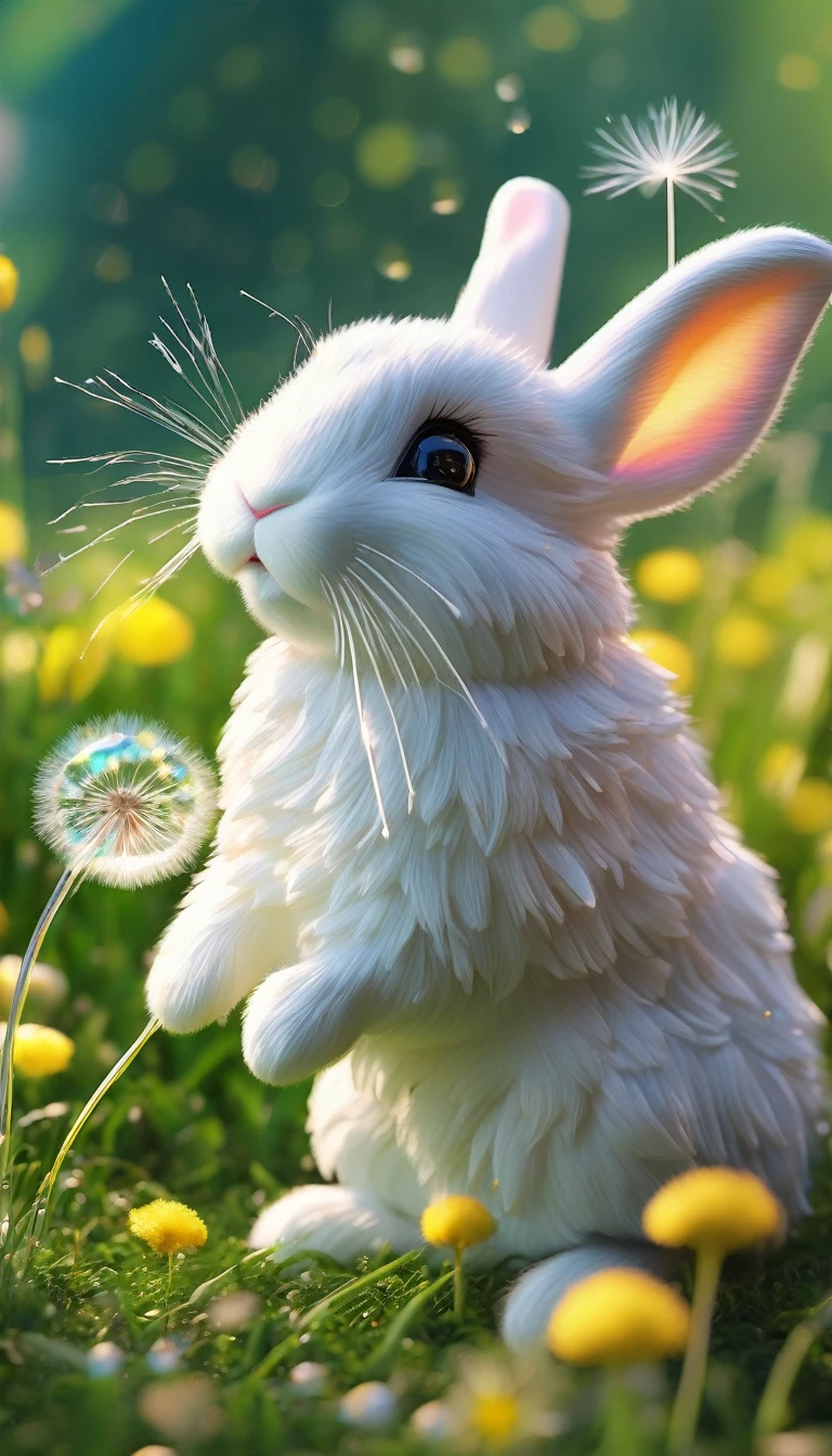 (best quality,4K,8k,high resolution,masterpiece:1.2),Super detailed,(Practical,photoPractical,photo-Practical:1.37),Crystal Rabbit,Detailed eyes and face,blown glass dandelion,Colorful spring morning [illustration, Bright colors],Bright Sunshine,lush green grass,Delicate petals,sparkling的露珠,Playful and whimsical vibes,sparkling的玻璃反射,Clear details,fascinating、Immersive scenes,meticulous attention to texture,Beautifully crafted rabbit sculptures,Subtle pastel shades,Carefully crafted dandelion seeds,Frosted glass elements,Warm and welcoming atmosphere,Fun and lively atmosphere,As if brought to life by magic,Dreamy and charming environment,sparkling、Vibrant colors,evoke a feeling of joy and wonder,Lovely and delightful artwork