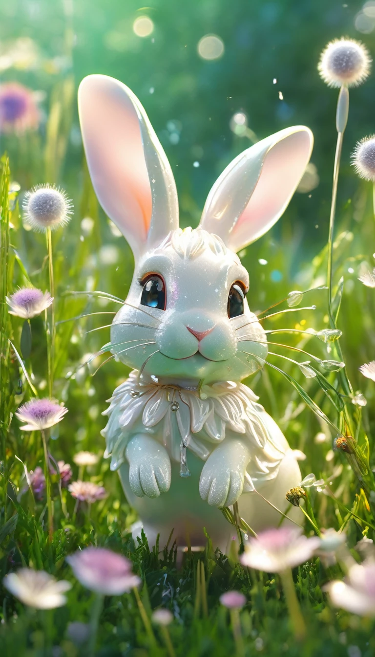 (best quality,4K,8k,high resolution,masterpiece:1.2),Super detailed,(Practical,photoPractical,photo-Practical:1.37),Crystal Rabbit,Detailed eyes and face,blown glass dandelion,Colorful spring morning [illustration, Bright colors],Bright Sunshine,lush green grass,Delicate petals,sparkling的露珠,Playful and whimsical vibes,sparkling的玻璃反射,Clear details,fascinating、Immersive scenes,meticulous attention to texture,Beautifully crafted rabbit sculptures,Subtle pastel shades,Carefully crafted dandelion seeds,Frosted glass elements,Warm and welcoming atmosphere,Fun and lively atmosphere,As if brought to life by magic,Dreamy and charming environment,sparkling、Vibrant colors,evoke a feeling of joy and wonder,Lovely and delightful artwork