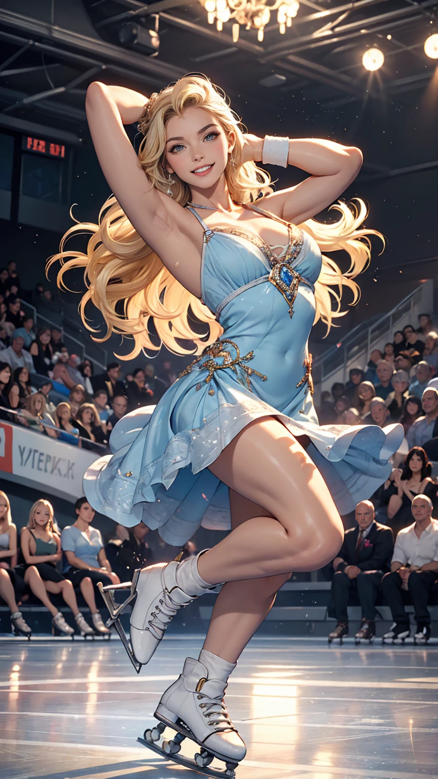 (highest quality, High resolution, masterpiece :1.3), 24 year old Caucasian female、Her hair color is platinum blonde、Eye color: blue、long hair、My hair is wavy、Slim but well-defined figure、smile、My abs are ripped、The chest is wide open、Wearing a mini dress、I&#39;m wearing skates、Figure Skater、At the ice rink、The final of the International Figure Skating Championships、The venue was packed with spectators、smile、Strike a pose、Having her hair done、I&#39;m wearing a wristband、chest emphasis、Cleavage Emphasis