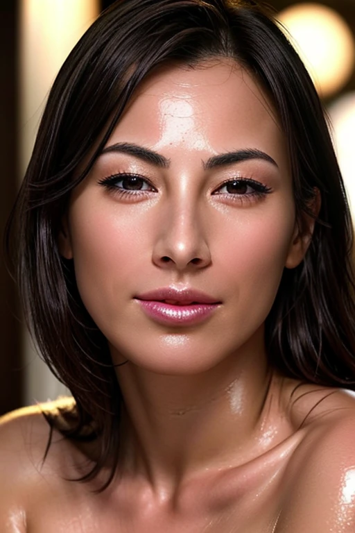 Beautiful Japanese,1 girl(masterpiece:1.2, highest quality), (Realistic, photoRealistic:1.4),, Keep your eyes clearly focused, Nose and mouth,Face Focus, Extreme close up of face、 Age 35,Black Hair、Symmetrical face,Realistic nostrils、Angle from below、Elongated C-shaped nostrils(Sharp Nose)Sweaty skin、Shiny skin,((Brow wrinkles)))(On the tongue)、Deep Kiss、((Thin eyebrows))Oily skin、glistening shining skin、double eyelid、Beautiful woman、Medium Hair,Rolling your eyes,、Shortcuts((half-closed eyes, frown, grimace, scowl))((oily skin,sweat))((Shiny skin)((Sweaty skin))(((licking lips)))