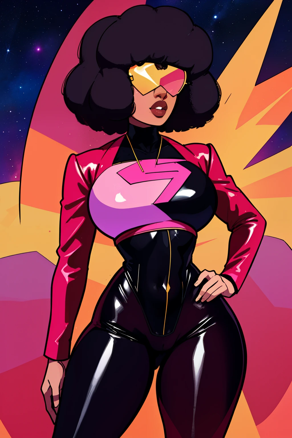 Garnet, blocky hair, retro shades, navel , standing, full body,  hips,  cowboy shot,  ass, cameltoe, GaSuit, cropped chest plate with star, black and pink  bodysuit, long trench coat, stylish, outer space, stars, (insanely detailed, beautiful detailed face, masterpiece, best quality)