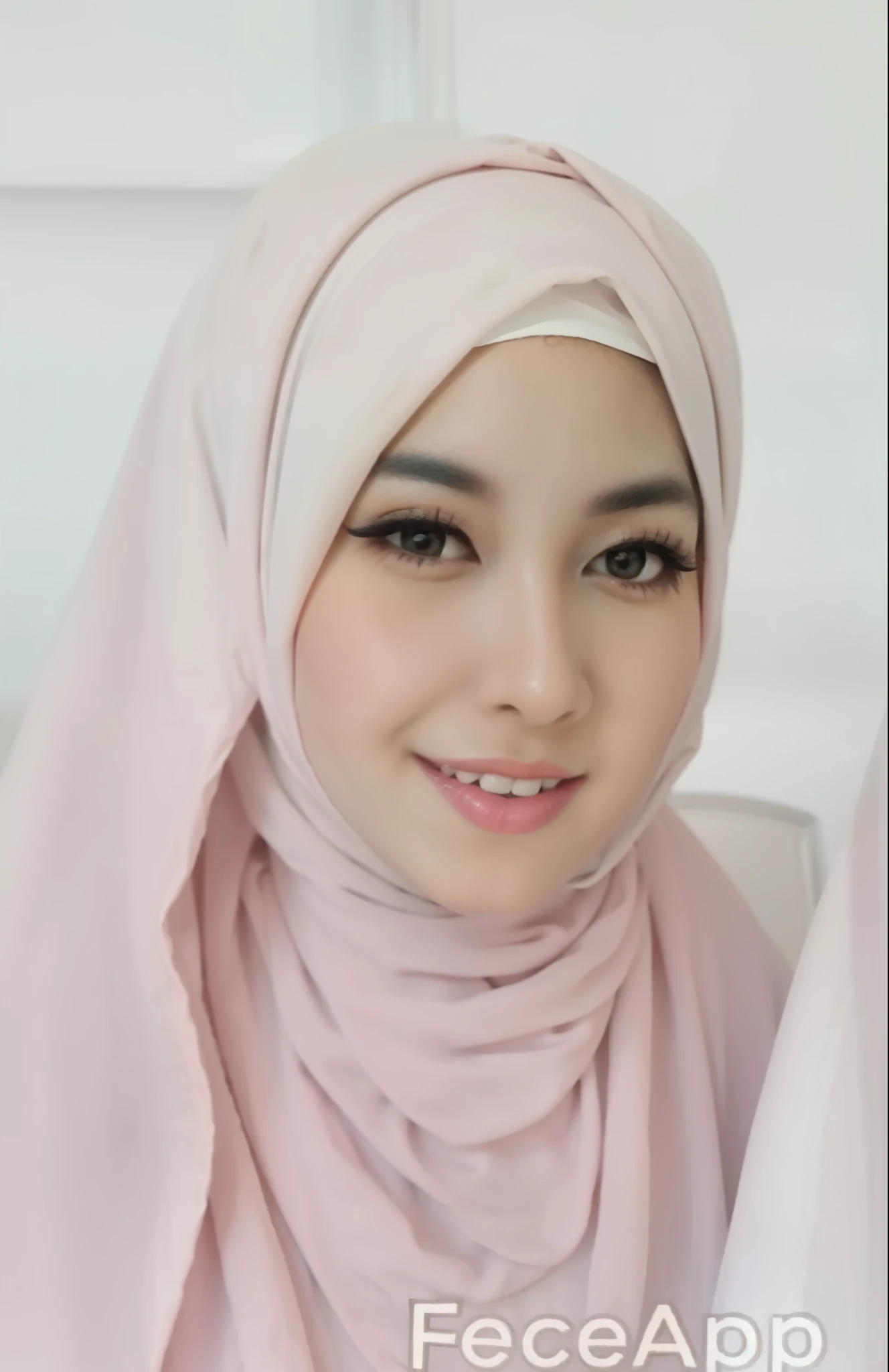 Female, wearing a pink hijab, little smile, beautiful face, pink lips, sharp eyes