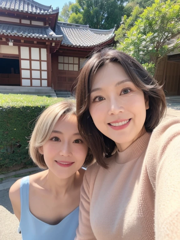 58 years old、single、woman、Normal face、Hirosaki、sunny、outside、Temperature: 18 degrees、Shortcuts、 (Photorealistic:1.3),(RAW Photos)、Selfie、masterpiece、8K、Real Photo Quality、Depicting every detail、