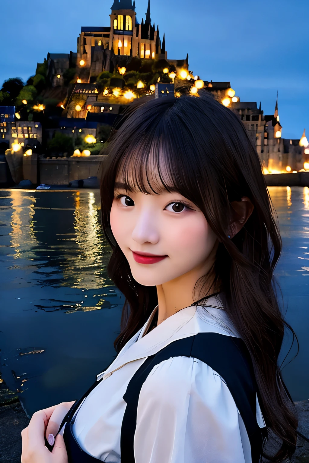 Create a stunning image of Mont Saint-Michel and its bay at night。A scene enveloped in the soft light of moonlight、Cast long shadows、Illuminating the monastery's ancient architecture。This girl is beautiful and adorable。She was exploring historical sites., I widened my eyes in surprise.。 She is wearing traditional clothing、、The fabric is painted with maximum realism.、Different textures are emphasized。Her skin is also rendered with great detail、20-year-old、Long Hair、Dense lips、Smiling、Beautiful breasts、Capture subtle variations in texture and color。 The bay around her is calm and、、The water surface acts as a mirror、Reflecting the moonlight and the silhouette of Mont Saint-Michel。Delicately depicting reflections on the water surface、Capture subtle ripples and the play of light。 The girl was looking up at the camera with curiosity.、Gives the impression that viewers are looking down on her。This perspective is、Distort your image using the fisheye effect、Create wide panoramic or hemispherical views。。 The overall quality of the image must be of the highest standard、Focus on improving the quality of the details。The final work is、With the innocence of a young girl、Mont Saint-Michel and the timeless beauty of night、It's a celebration of the Bay。