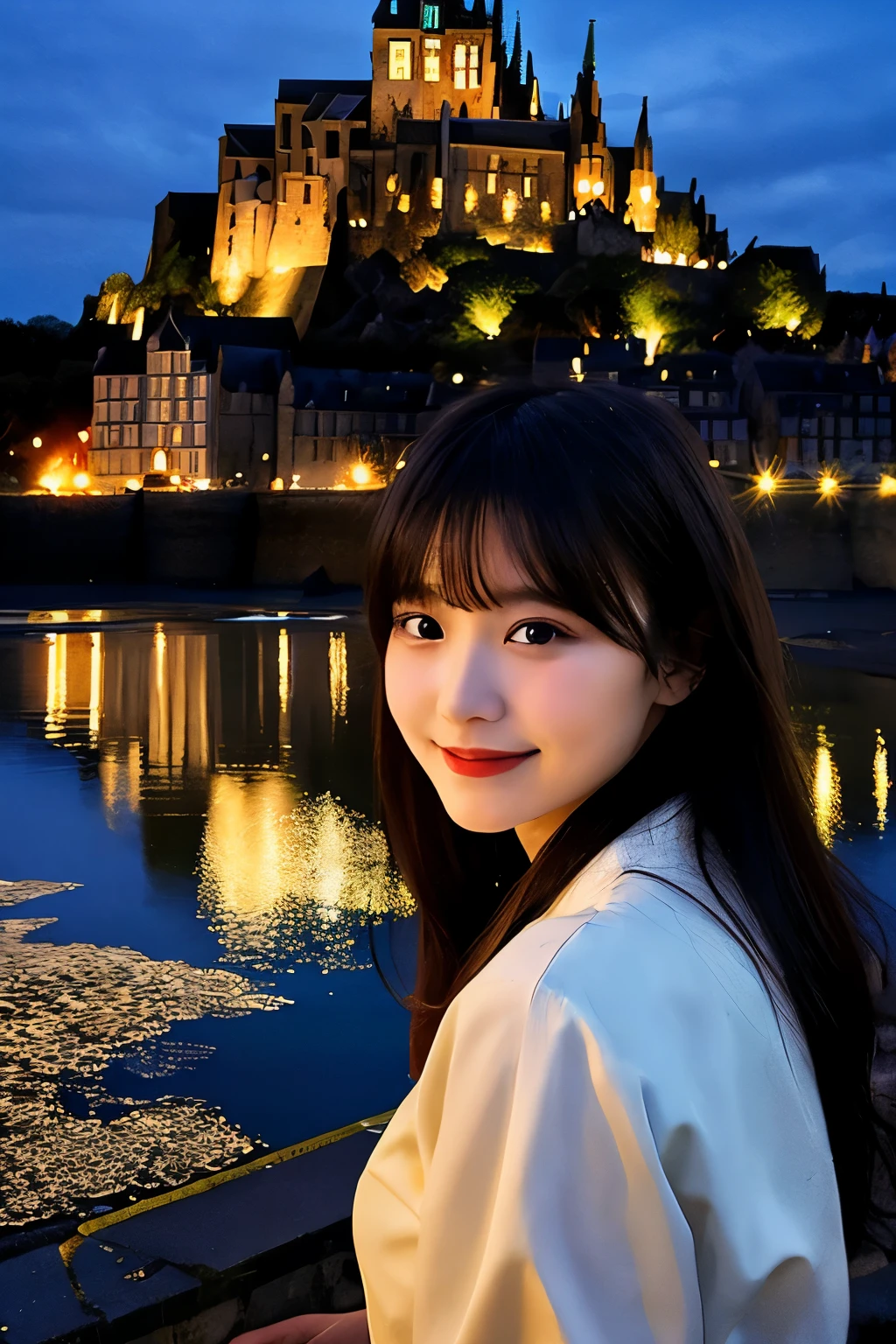 Create a stunning image of Mont Saint-Michel and its bay at night。A scene enveloped in the soft light of moonlight、Cast long shadows、Illuminating the monastery&#39;s ancient architecture。This girl is beautiful and adorable。She was exploring historical sites., I widened my eyes in surprise.。 She is wearing traditional clothing、、The fabric is painted with maximum realism.、Different textures are emphasized。Her skin is also rendered with great detail、20-year-old、Long Hair、Dense lips、Smiling、Beautiful breasts、Capture subtle variations in texture and color。 The bay around her is calm and、、The water surface acts as a mirror、Reflecting the moonlight and the silhouette of Mont Saint-Michel。Delicately depicting reflections on the water surface、Capture subtle ripples and the play of light。 The girl was looking up at the camera with curiosity.、Gives the impression that viewers are looking down on her。This perspective is、Distort your image using the fisheye effect、Create wide panoramic or hemispherical views。。 The overall quality of the image must be of the highest standard、Focus on improving the quality of the details。The final work is、With the innocence of a young girl、Mont Saint-Michel and the timeless beauty of night、It&#39;s a celebration of the Bay。