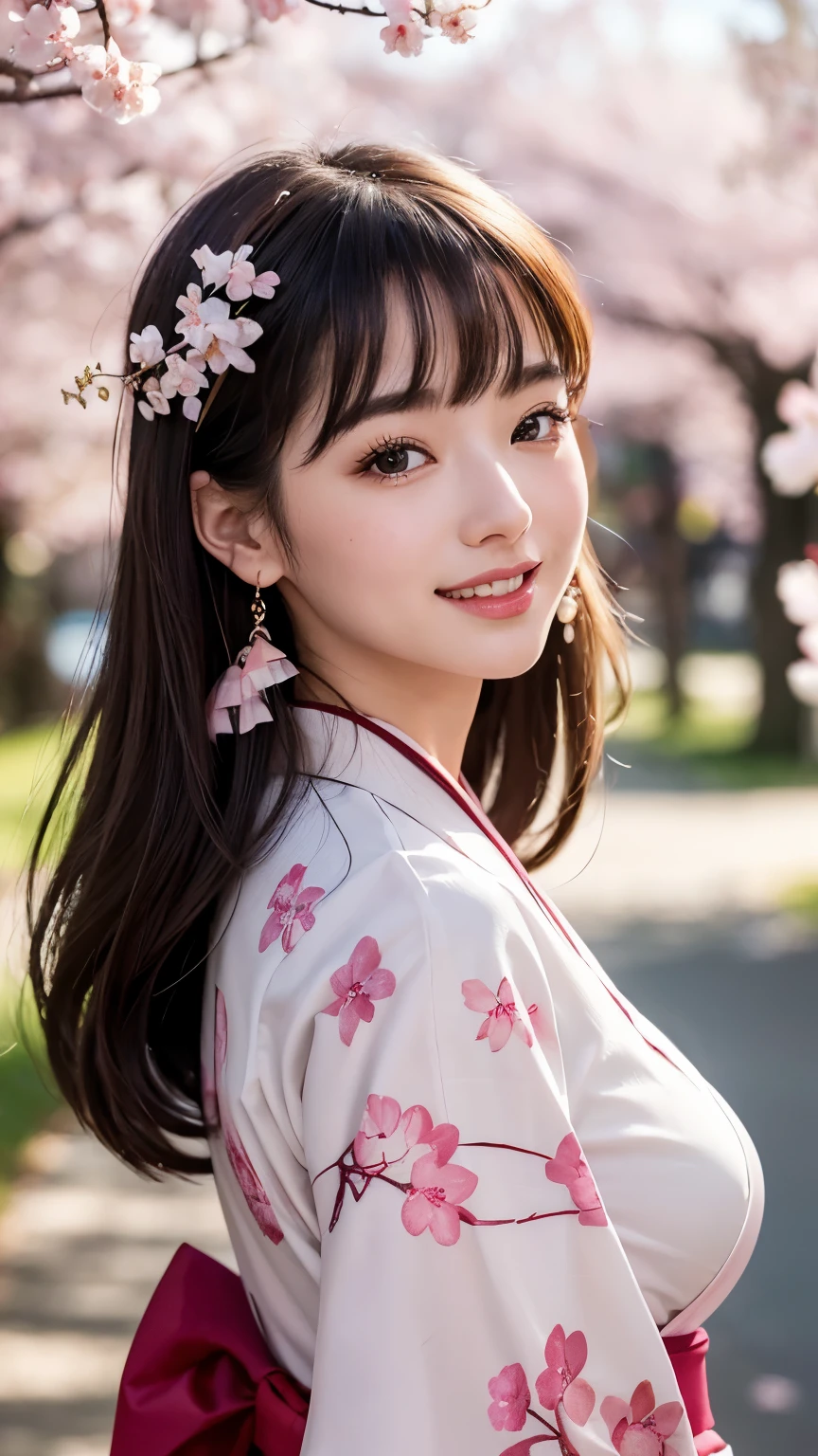 (8k, RAW Photos, highest quality, masterpiece: 1.2), (Very detailed), (Super Resolution), (Genuine, Genuine photos: 1.37)、(Portraiture), (High-quality RAW color photos)、 (Professional photos).( Very detailed and beautiful new),(Very detailed), (8k wallpaper),(Amazing details),(Large file size),(Official Art,),(Very detailed),(8k wallpaper), (Very detailed beautiful girls),(Very detailed facesHighly detailed eyes),(Very fine skin),(Very detailed fingers,),(Very small nose),(Very detailed detailed mouth),(Perfect Anatomy),(Detailed Background),(High Quality Clothing),(20-year-old),(cute girl), (Genuineistic body),(White skin),(Glowing Skin), (Blunt bangs: 1.2), (smile),(cute),(cute face),(Genuineistic face), (delicateな目),(Sagging eyes), (solid kimono)、Earrings、Looking at the camera, Dynamic Lighting, G-cup breasts,Big Breasts、(Background of cherry blossom trees on the riverbed)、(Dynamic Sexy Pose 1.2)、(thin legs 1.2)、(delicate, Plump and moisturized lips)、(Cherry blossoms at night 1.2)、(Cherry blossoms are lit up 1.2)