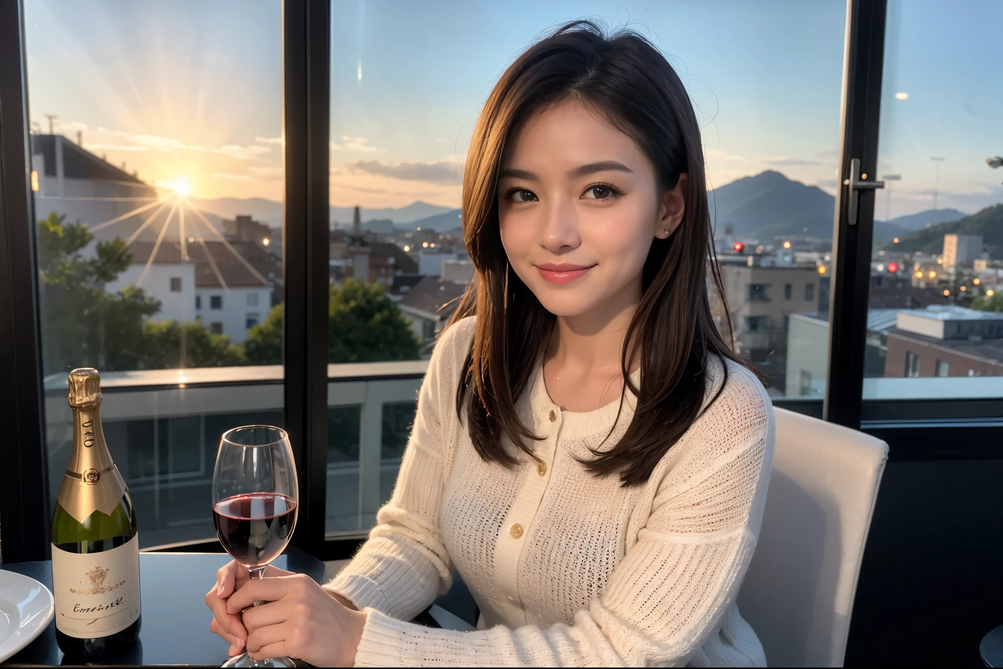 ((highest quality、8k、masterpiece:1.3))、Sharp focus:1.2、Beautiful woman perfect body:1.4、slimなボディ、((Bob Hale、Straight hair:1.2))、(to be born, highest quality, masterpiece:1.5), (Realistic, Intricate details:1.2), Ultra-high resolution, Shine light on your face、Spectacular view of the sunset sky and clouds、Amazing mountain views、ニコニコ明るいsmile、wine glass、red wine 、Appetizer、Italian food、Wine bottle、Champagne、sparkling wine、, Beautiful Face, blue eyes, The light shines on your face, Blushing, short hair,Bright Face、Fox face、 (36 years old), 39 years old, Lady、Two beauties、brown hair、Shortcuts、Long sleeve shirt、dress、Pretty Woman 1, (slimな顔), (The body is slim), (brown hair), (Shortcuts), cheeks turn a little red,Attractive beauty、, Out of the window, A beautiful and detailed night view unfolds.........., restaurant, In a prominent place (From the waist up) Nova Frog Style, actress, model, Upper Body, White wine, slim, wine glass, 真ん中に置かれたwine glass, smile, (smile: 1.15), Beautiful fine grain, Depth f/2,saturation, High Contrast, Strong light and shadow,Moist Body:1.5、3D texture、Delicate eyes、brown hair、The hair is very shiny、