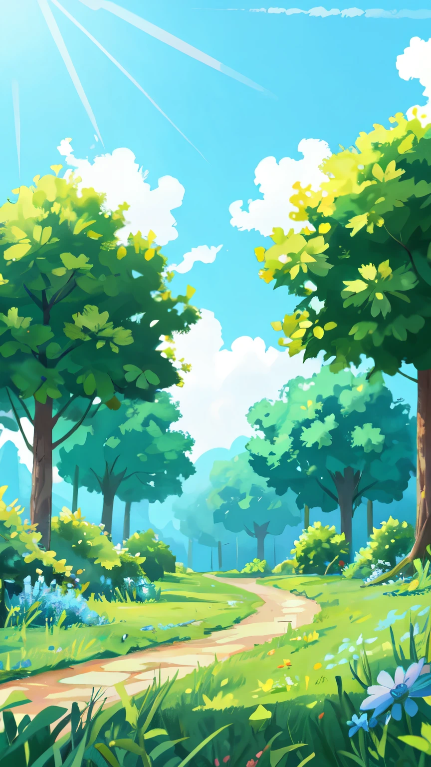 Give me a blue sky and white clouds background，Green Trees，8K quality，detailed skin: 1.3，realistic: 1.2